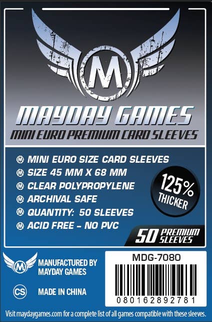 Premium Mini Euro Card Sleeve 50 Pack in blue packaging, showing features, barcode, and 45 MM x 68 MM size.