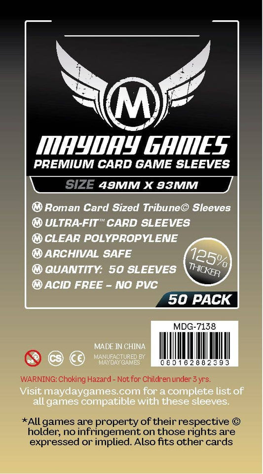 Premium Roman Card Sized Tribune Sleeves, 49x93mm, 50 pack, black and gray design for Tribune cards.