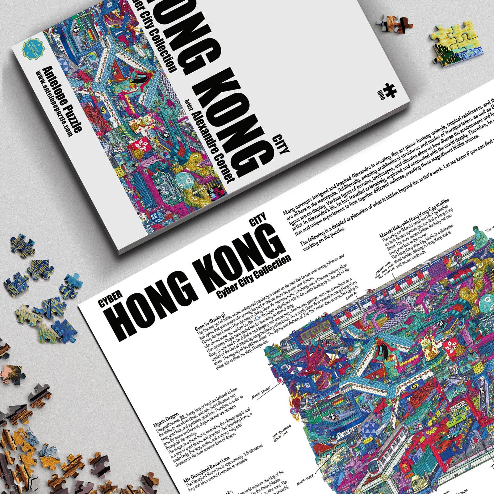 Cyber Hong Kong City 1000 Piece Jigsaw Puzzle box, leaflet, and scattered puzzle pieces on a grey surface.