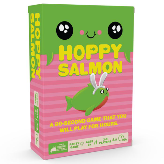 Hoppy Salmon game box with green fish and bunny ears on a pink striped background.