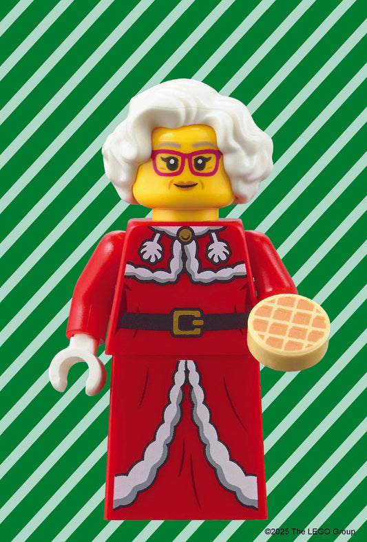 LEGO Mystery Minifigure Mini Puzzle Christmas Edition featuring a white-haired figure and waffle detail.
