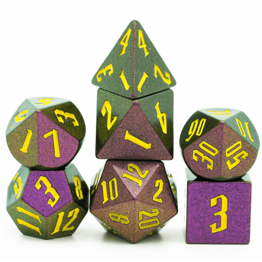 Jumbo Color Shifting Dice Set in rose red, green, and golden with yellow numbers on a white background.