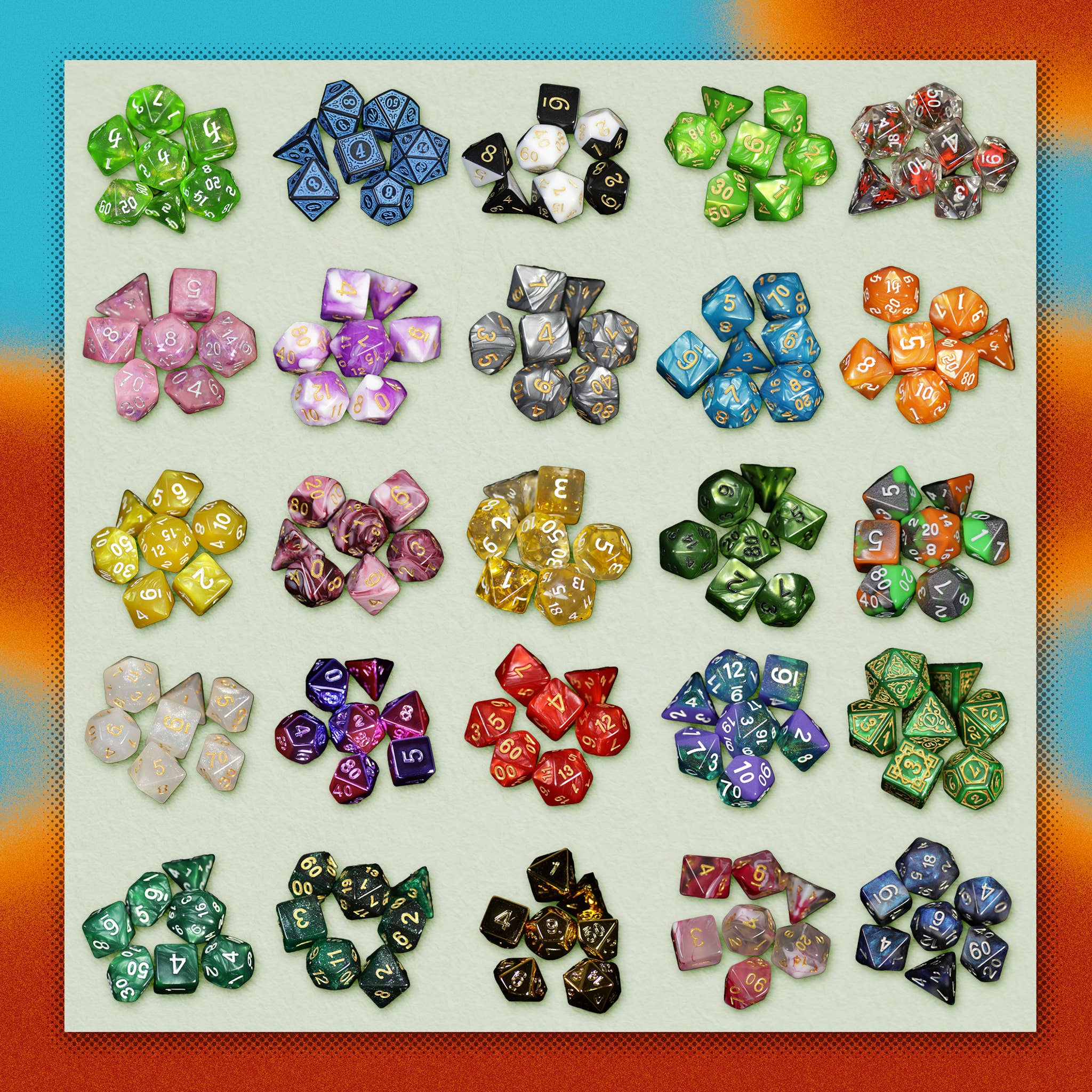 Twenty sets of 7 polyhedral Mystery Dice displayed in a grid with an orange and blue border.
