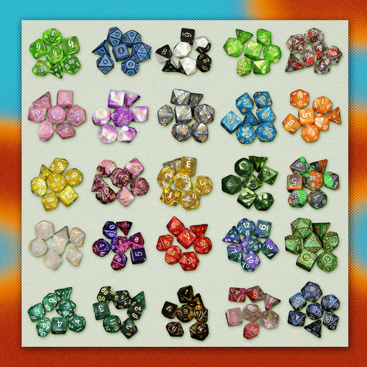 Twenty sets of 7 polyhedral Mystery Dice displayed in a grid with an orange and blue border.