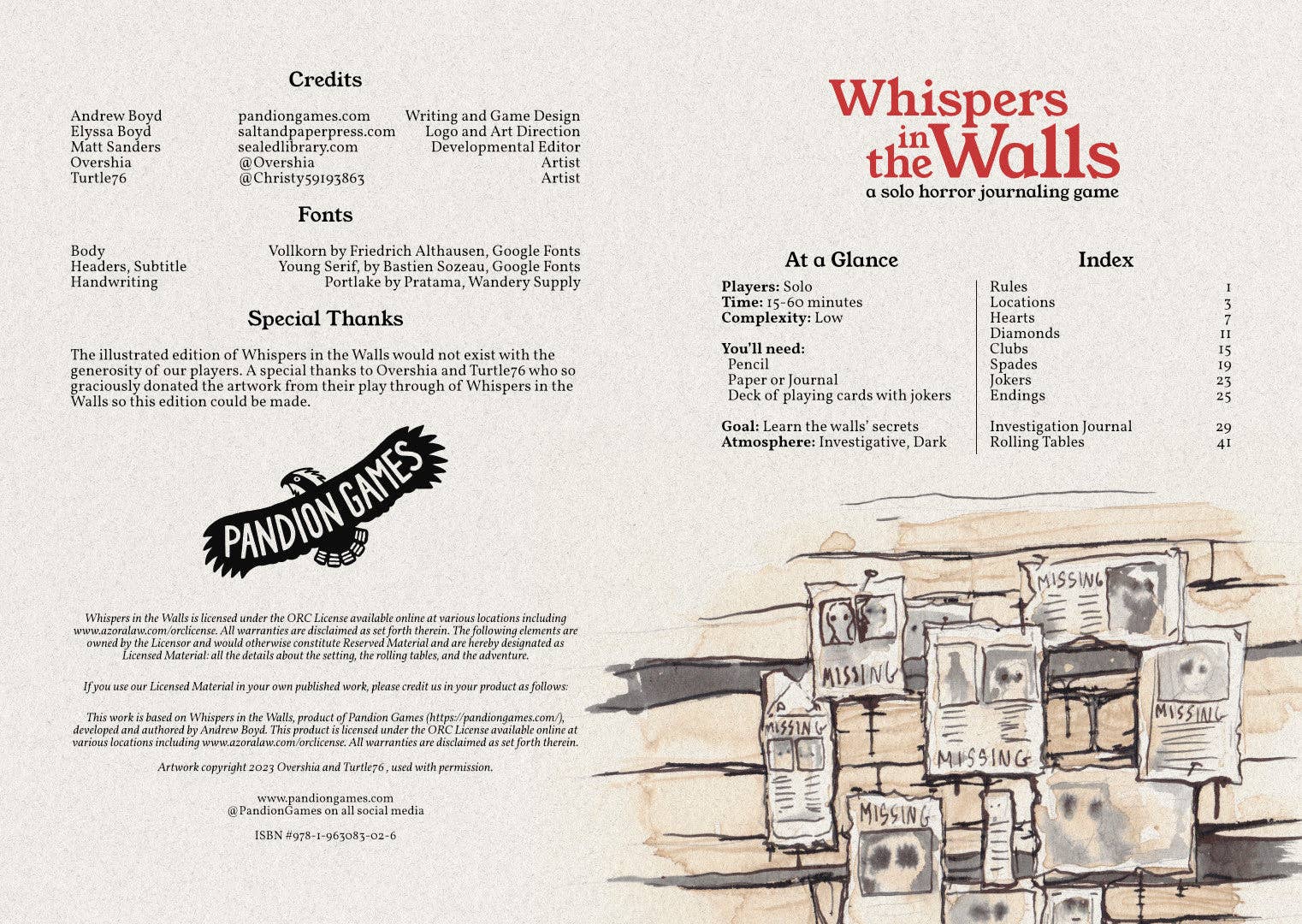Whispers in the Walls 2e cover and credits page, solo horror journaling RPG with pinned notes and papers.