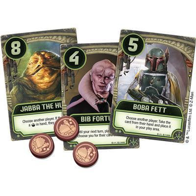 Jabbas Palace: A Love Letter Game with Jabba the Hutt, Bib Fortuna, Boba Fett cards and four tokens.
