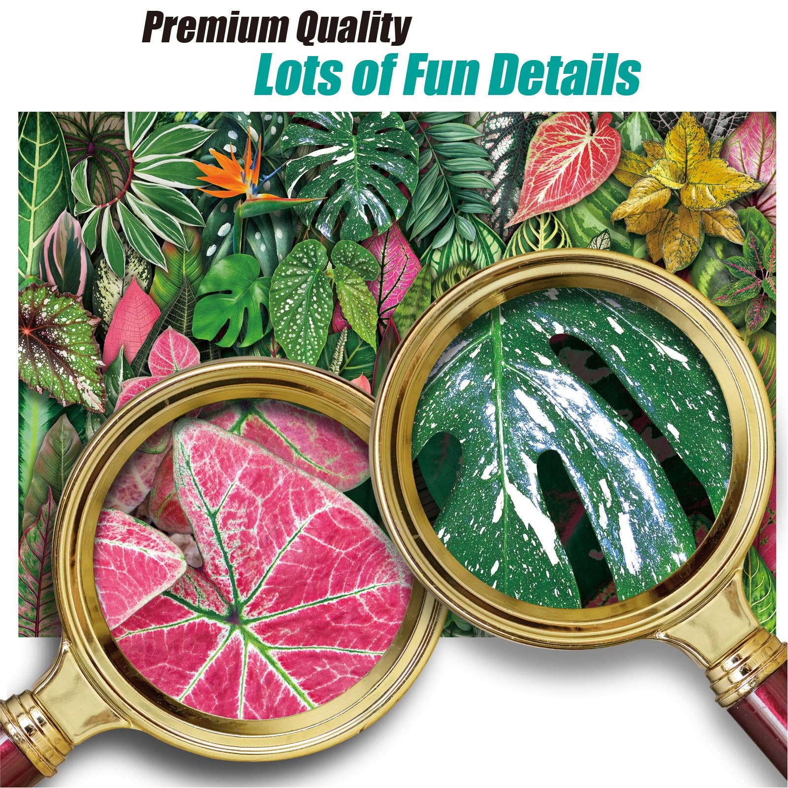 Foliage Frenzy 1000 Piece Jigsaw Puzzle featuring magnifiers over detailed leaves and vibrant foliage.