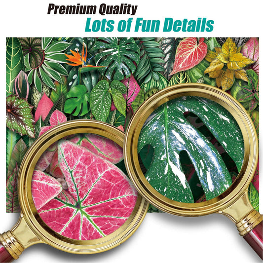 Foliage Frenzy 1000 Piece Jigsaw Puzzle featuring magnifiers over detailed leaves and vibrant foliage.