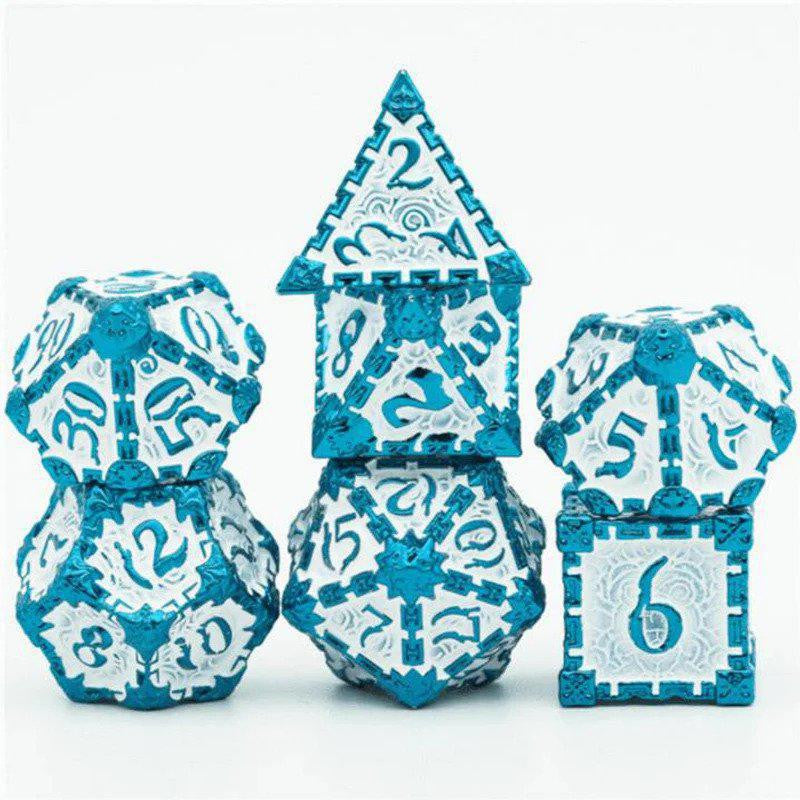 The Dagger of Venom: Blue RPG Metal Dice Set with five blue and white dice by Foam Brain Games.