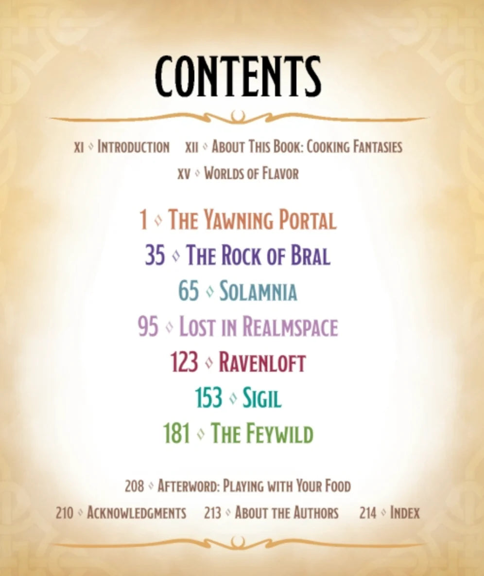 Heroes Feast FLAVORS OF THE MULTIVERSE table of contents with colorful section titles, including The Yawning Portal.