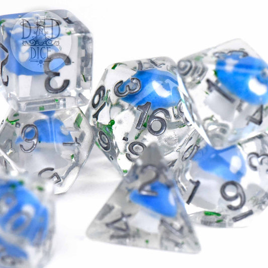 Fungal Field 7-piece clear resin dice set with blue-green swirls for tabletop gaming.