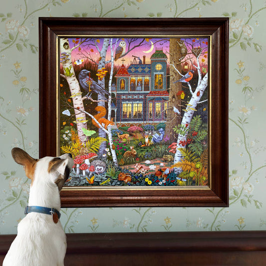 Alchemists Forest 1000 Piece Puzzle featuring a dog and magical scene, inspired by Vasilisa Romanenko.