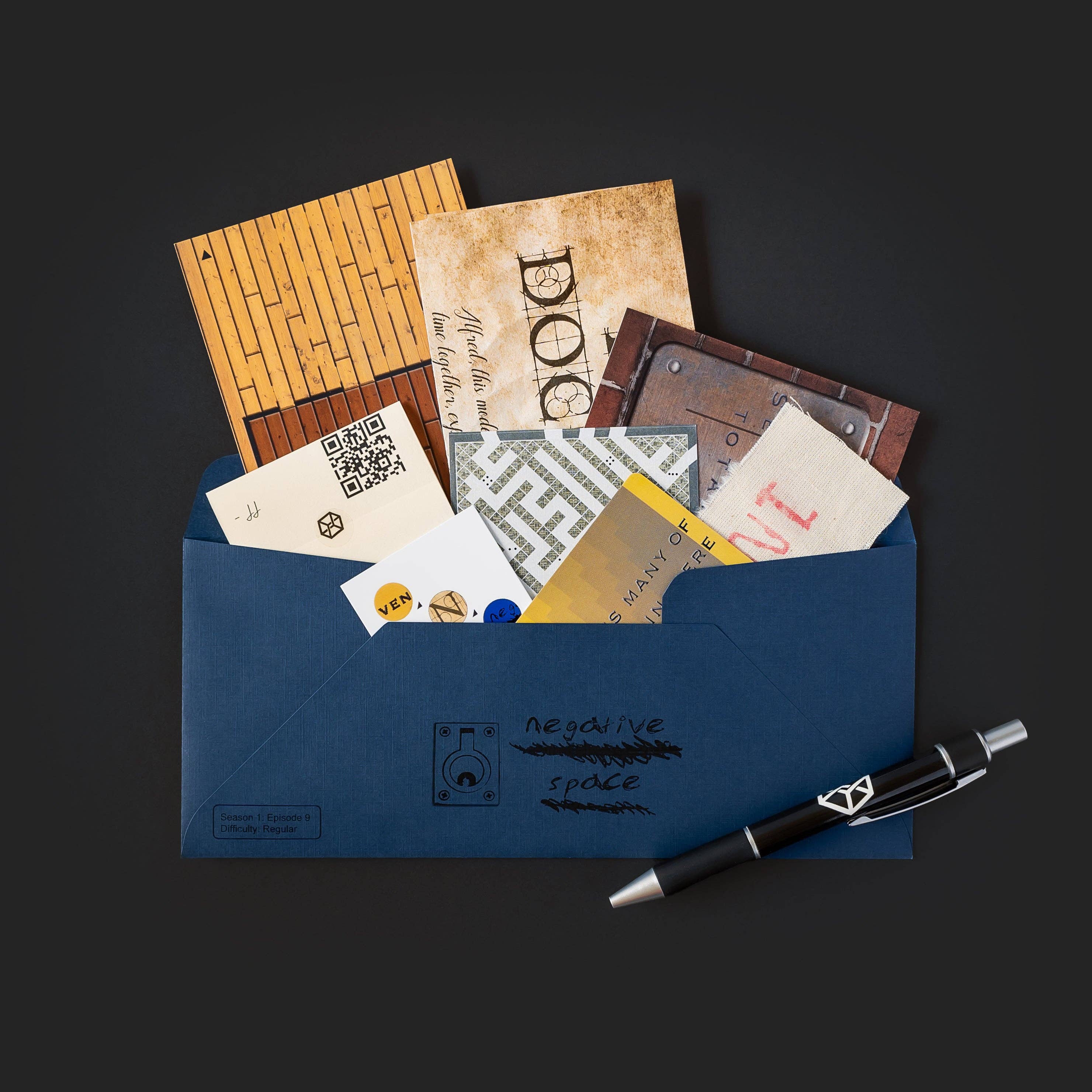 Blue envelope with patterned cards and papers, Family Secrets Series: Episode 9 - Best Served Cold edition.