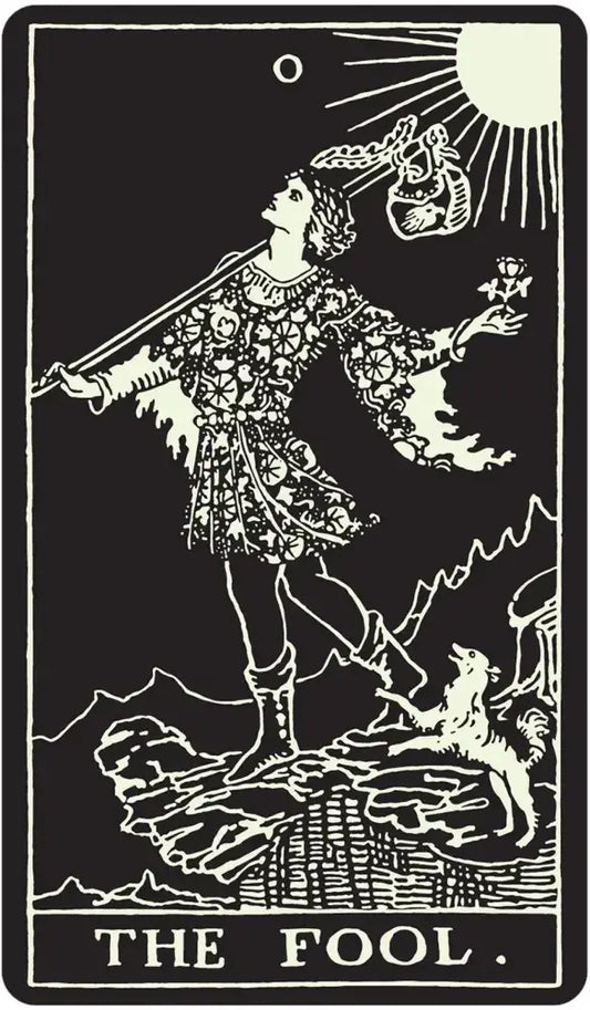 The Fool card from Glow In The Dark Tarot featuring a traveler with knapsack at a cliff edge.