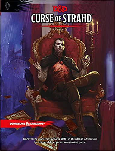 Curse of Strahd - A Dungeons & Dragons Adventure cover featuring a vampire in a red cloak on a throne holding cards.