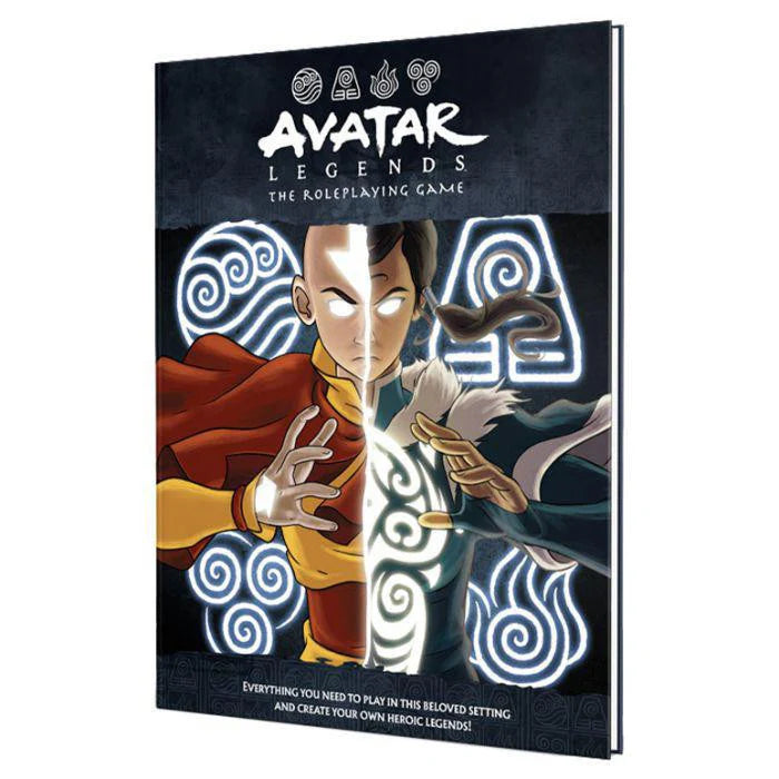 Avatar Legends: The RPG Corebook cover with Aang, Korra, and elemental symbols in the background.