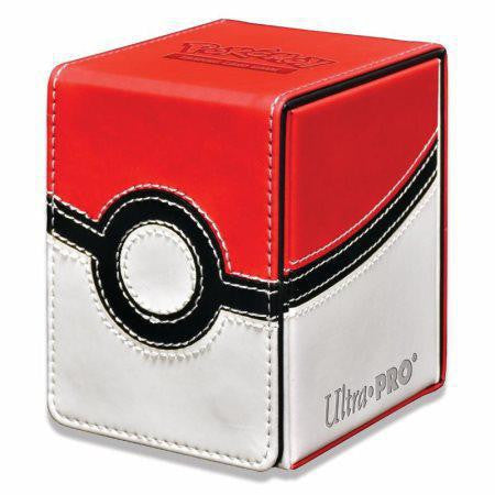 Ultra PRO Alcove Flip Box Pokeball, red and white deck box with stitching, designed for Pokémon card storage.