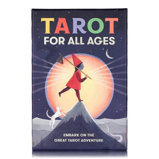 Tarot for All Ages Deck box featuring artwork of a figure and cat hiking up a mountain under sun and moon.