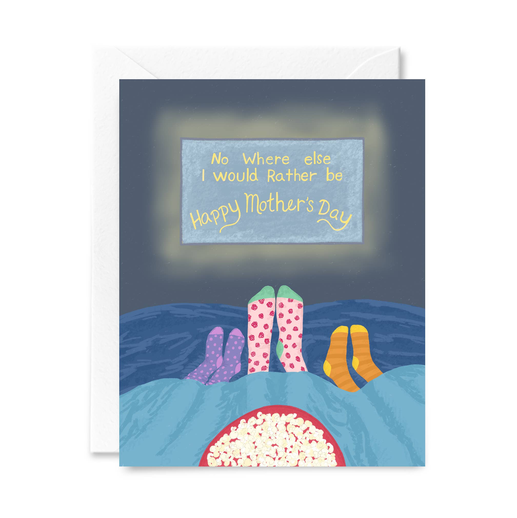 Movie Night Mothers Day Greeting Card featuring three pairs of socked feet watching TV with popcorn.