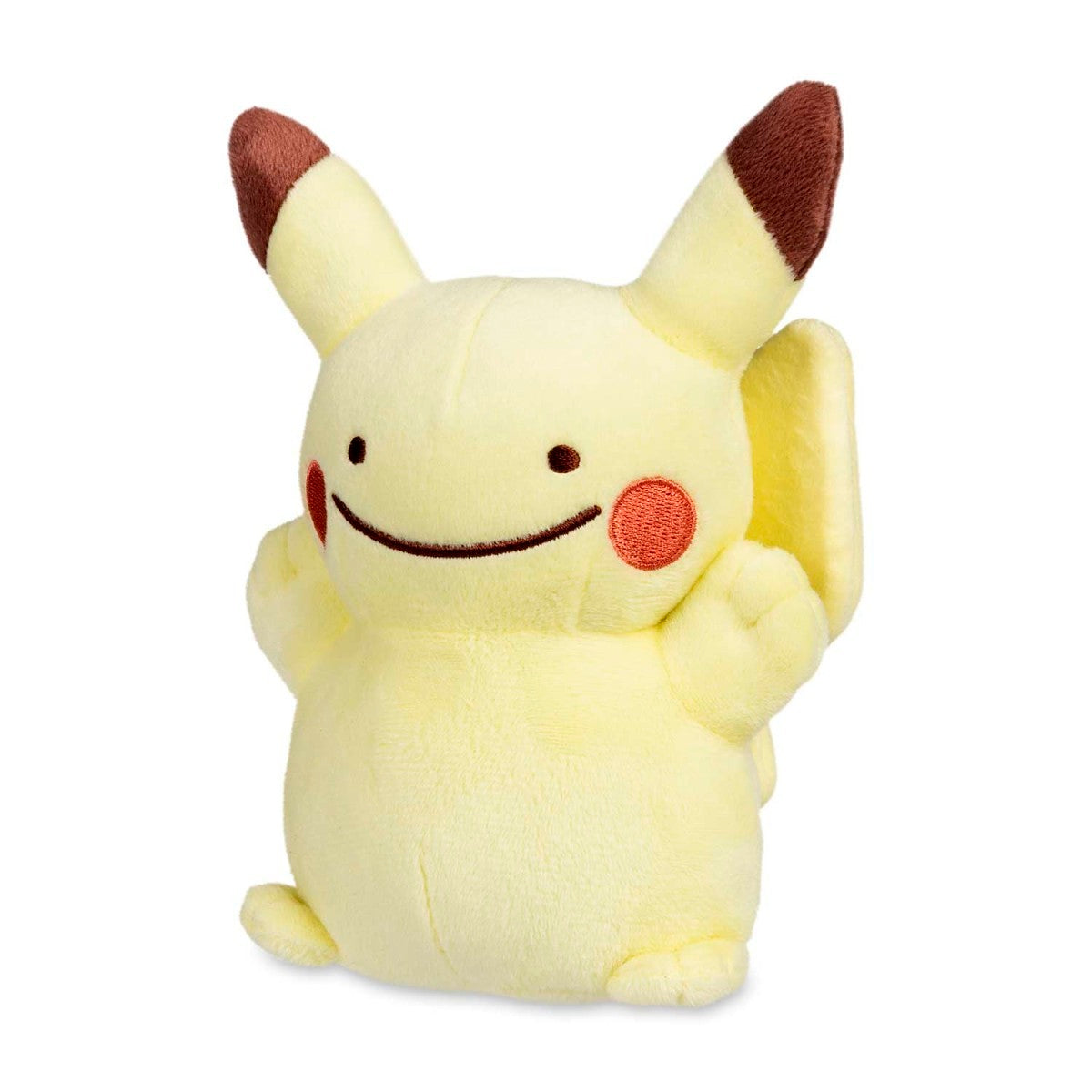 Ditto as Pikachu plush, 7 inches, with raised arms, brown ear tips, and red cheeks. Pokémon Center Original.