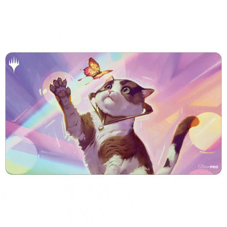 Cat Token Playmat (UNF) for Magic the Gathering featuring a cat with bell collar reaching for a butterfly.