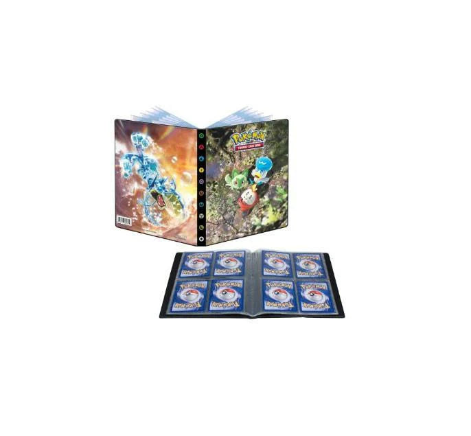 Binder 4kpt PKM SV Starter with illustrated cover and open pages holding Pokémon cards.