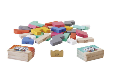 Jenga Maker - Jenga for Teams blocks, two card decks, and yellow card holder on white background.