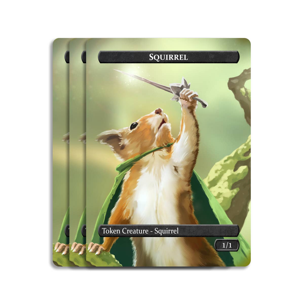 Squirrel with sword and green cape on Squirrel & Food Token Set or MTG card sleeves.