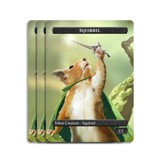 Squirrel with sword and green cape on Squirrel & Food Token Set or MTG card sleeves.