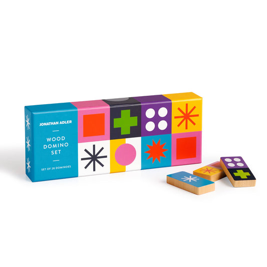 Jonathan Adler Helsinki Wood Domino Set with box and two wood dominoes displayed alongside.