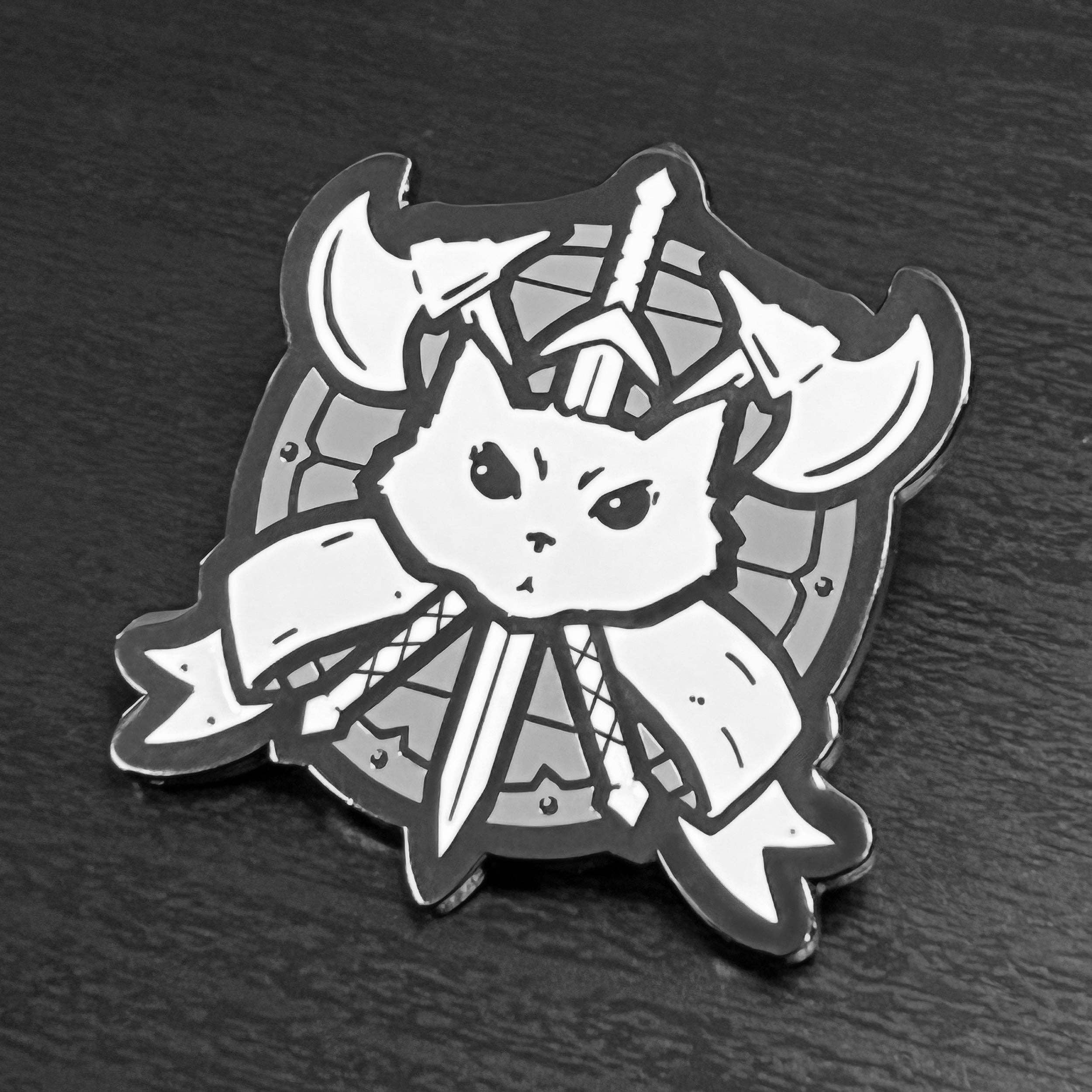 Fighter enamel pin featuring a cat face with crossed swords, axes, and shield in black nickel plating.