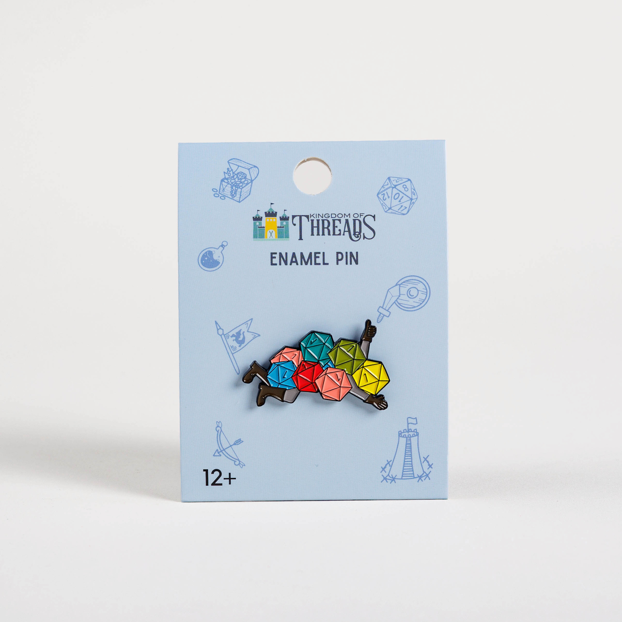 Nat 1 Avalanche Enamel Pin from Dumb Ways to D&Die, shows a person buried under dice.