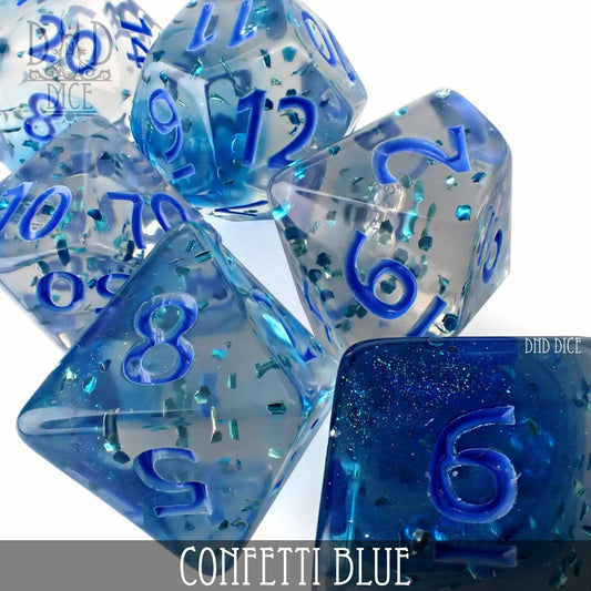 Confetti Blue acrylic dice set with blue numbers and confetti inclusions.