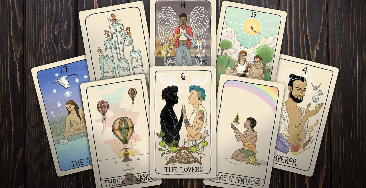 Seven illustrated cards from Fifth Spirit Tarot, a queer and inclusive deck.