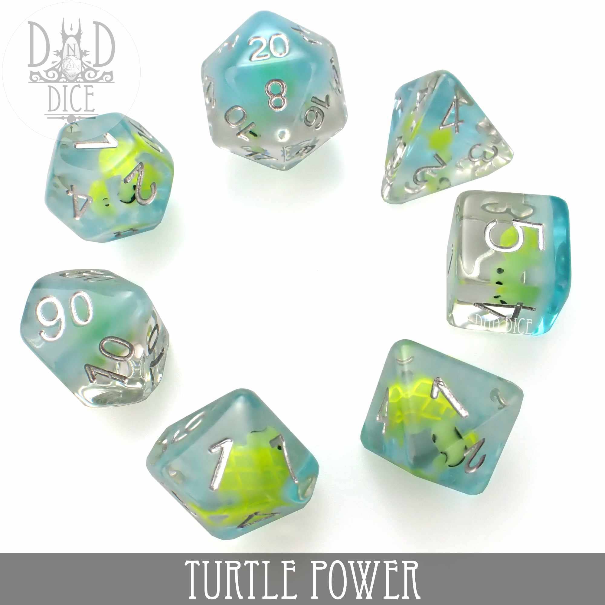 Turtle Power 7-piece blue and yellow translucent resin DnD dice set with silver numbers.