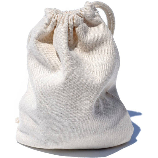 Replacement Glass Mancala Stones in assorted colors inside an off-white cotton drawstring bag.