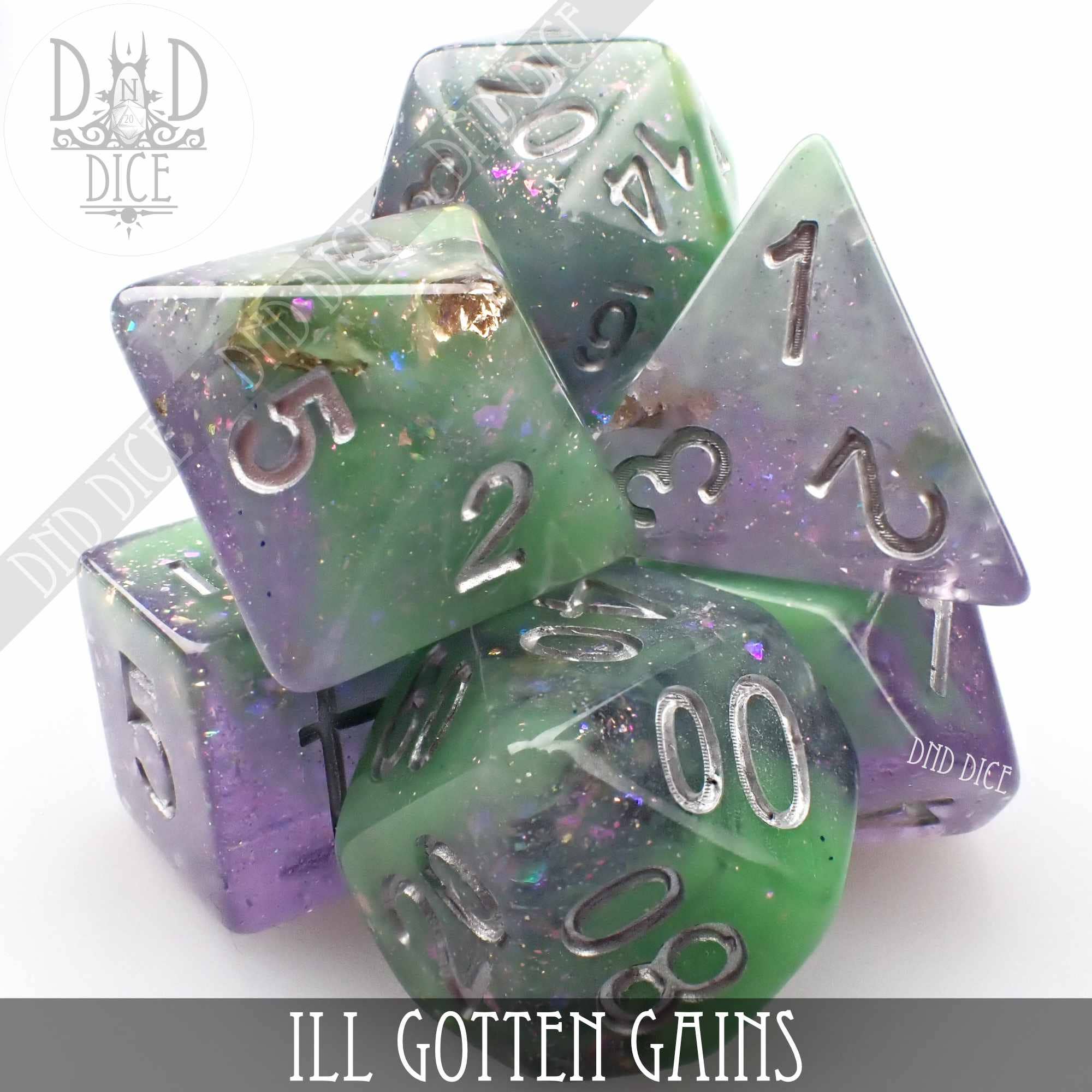 Ill Gotten Gains green and purple glitter resin dice set with silver numbers.