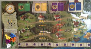 Tuscany Essential Edition Viticulture Expansion with cards, tokens, and pieces arranged on a vineyard game board.