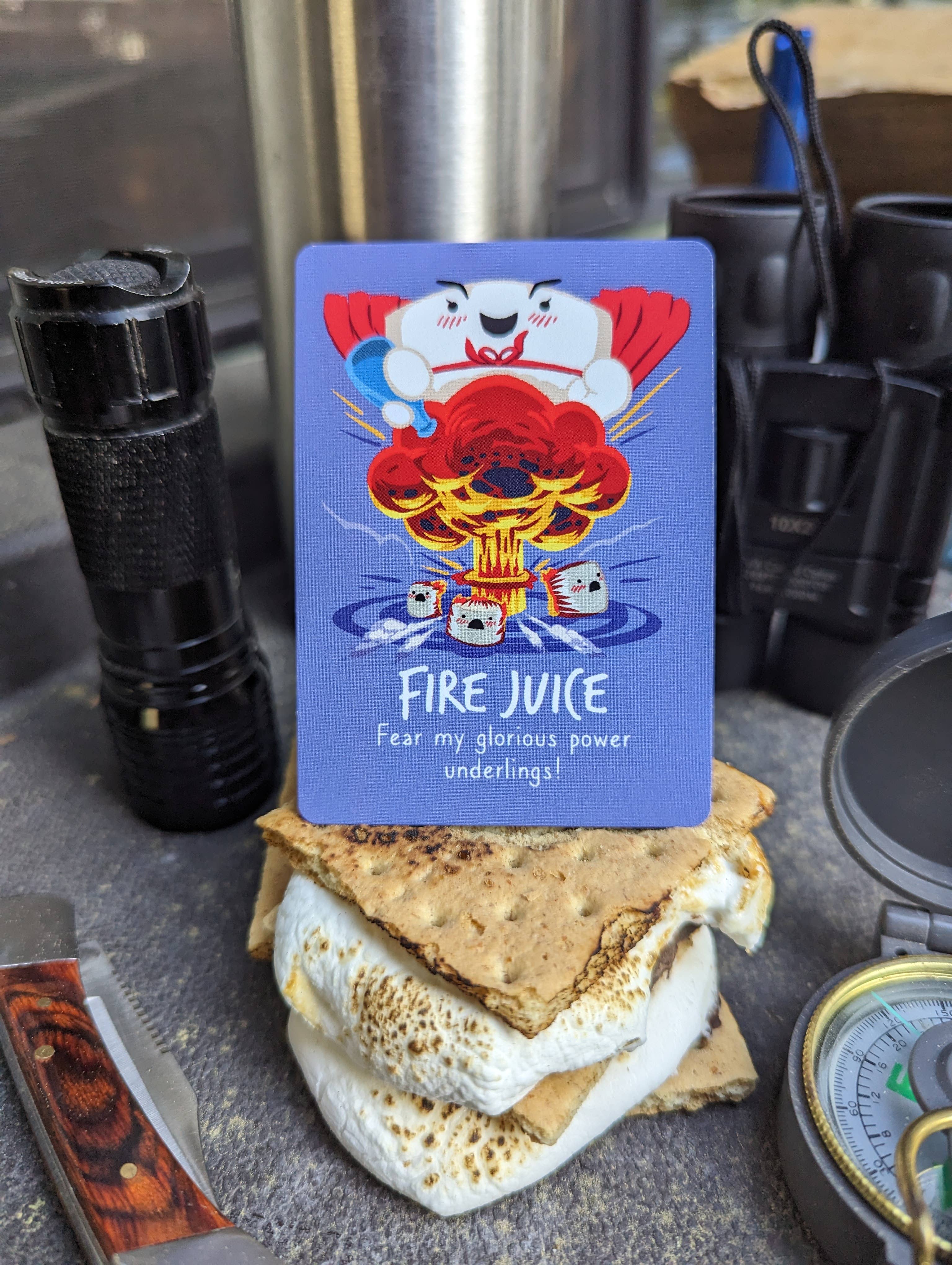 Roast card game displayed on a s’more with camping gear around it.