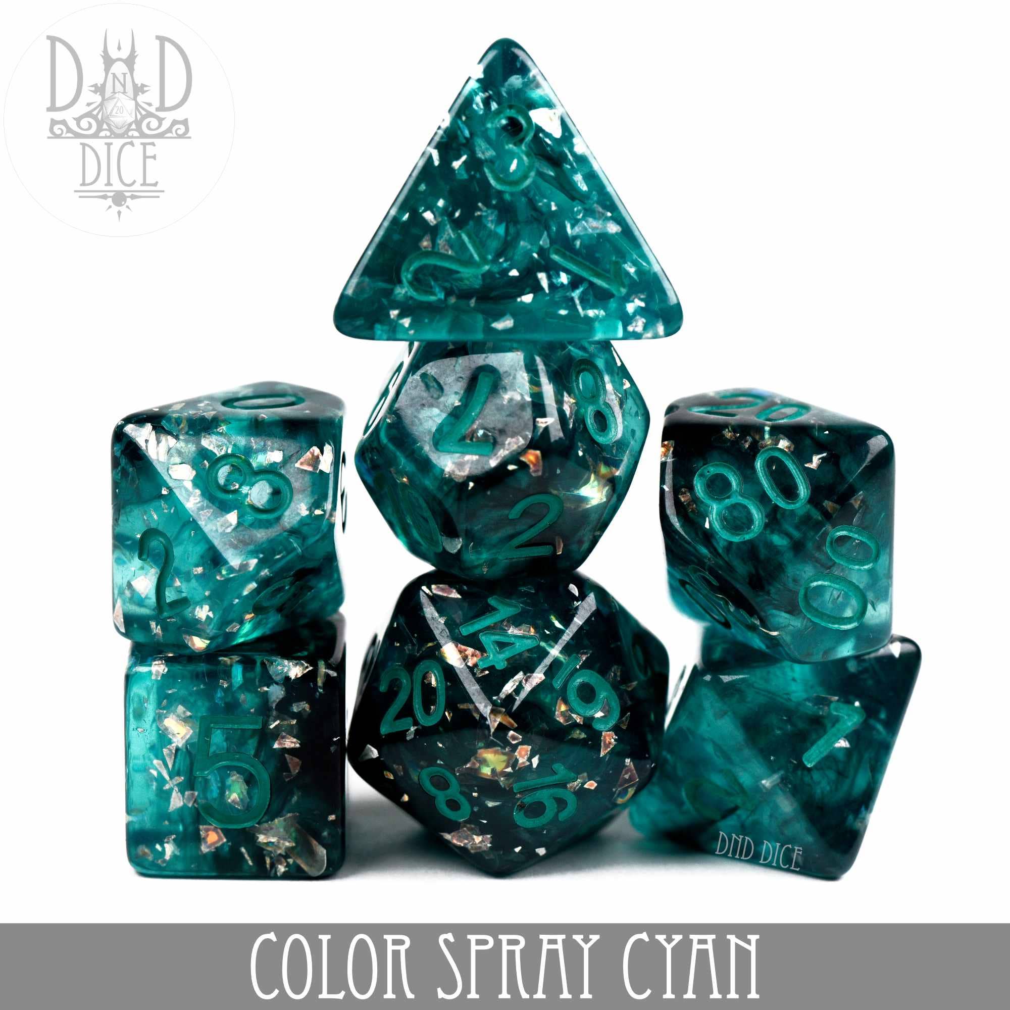 Six teal resin dice with silver flakes, Color Spray Cyan variant.