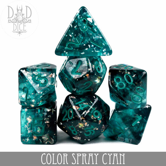 Six teal resin dice with silver flakes, Color Spray Cyan variant.