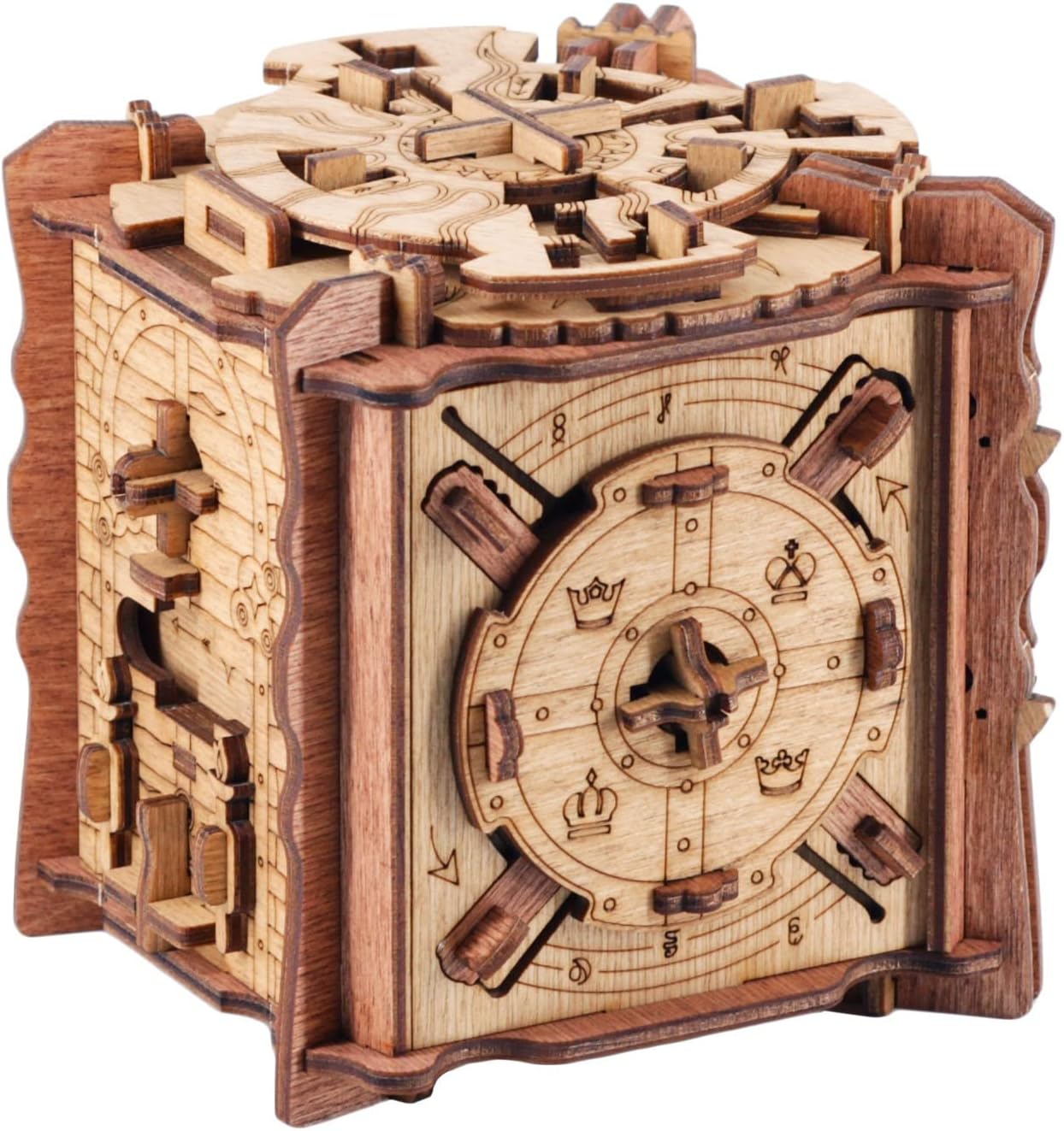 Cluebox The Trial of Camelot wooden puzzle box with gears, locks, and engraved details.