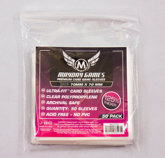 Premium Small Square Card Sleeves 70x70mm, pack of 50, made with 125% thicker material for extra durability.