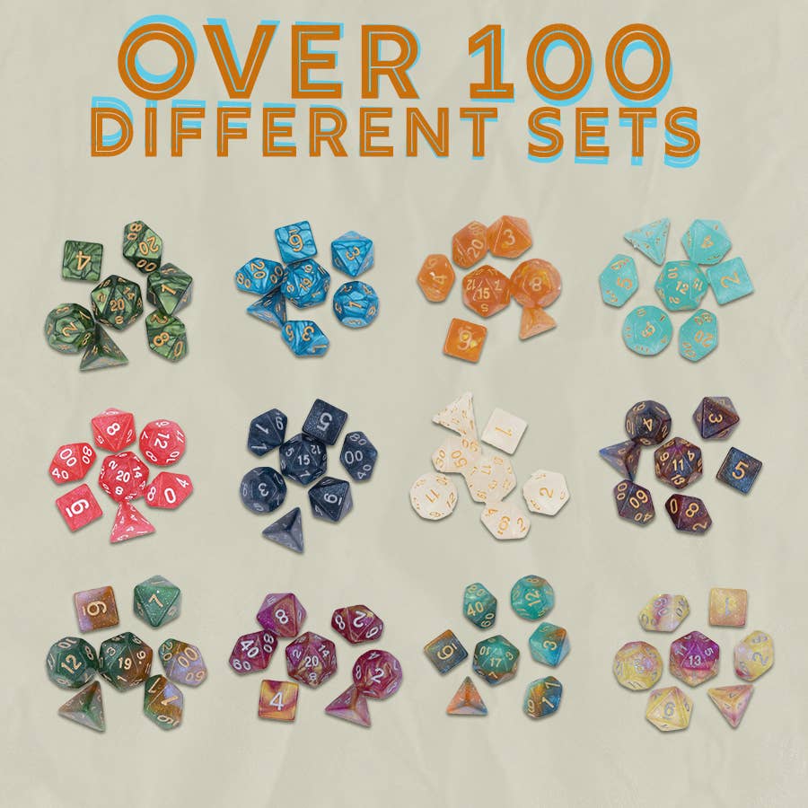 Mystery Dice, full 7-piece polyhedral set shown with the text Over 100 Different Dice Sets on a light background.