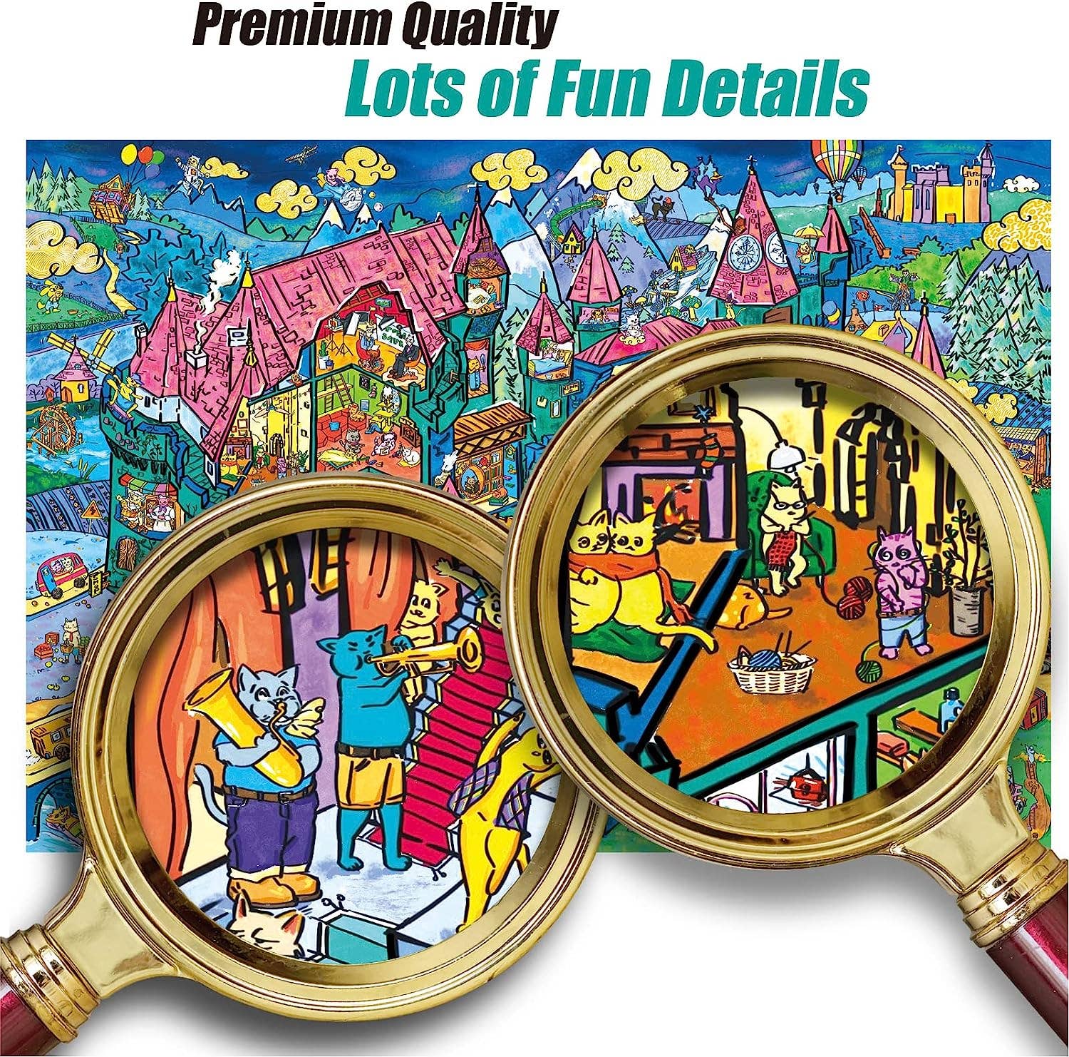 Cat Castle 1000 Piece Jigsaw Puzzle with cat town scenes and magnifying glasses included.