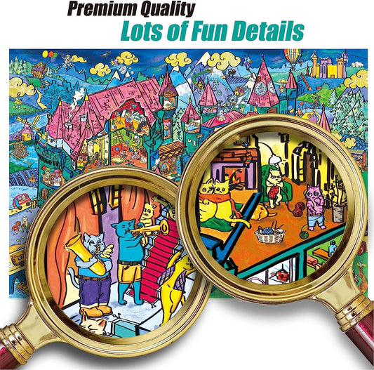Cat Castle 1000 Piece Jigsaw Puzzle with cat town scenes and magnifying glasses included.