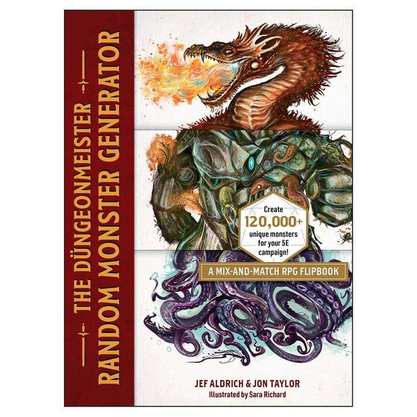 Dungeonmeister: The Random Monster Generator book cover with a creature combining dragon, robot, and tentacle features.