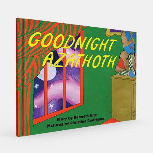 Goodnight Azathoth book cover featuring a blue creature at a desk under a starry sky.