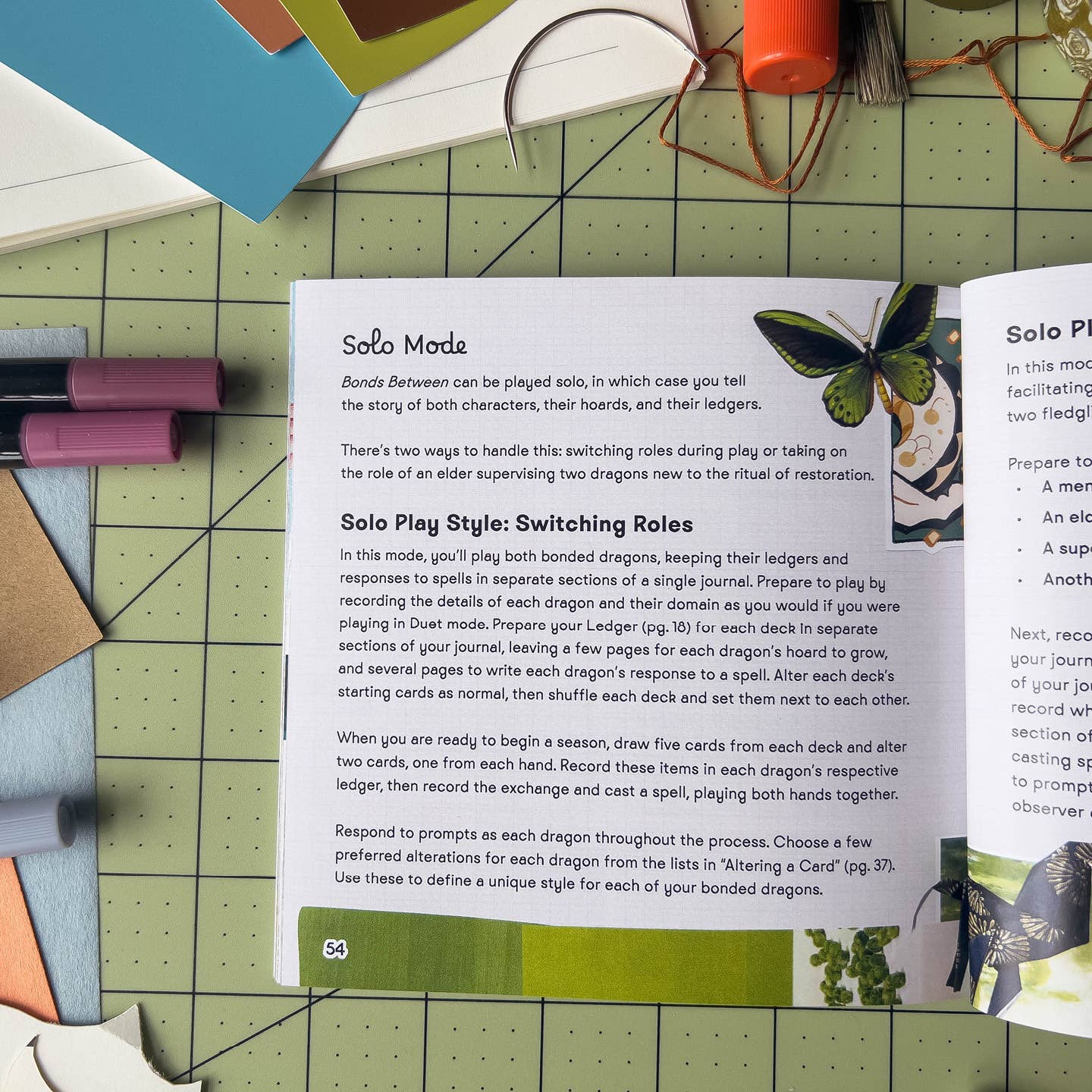 Bonds Between rulebook, page 54, detailing solo mode for the dragon magic card crafting game.