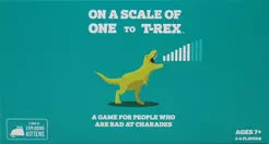 On a Scale of One to T-rex game by Exploding Kittens, featuring a roaring T-rex on turquoise background.